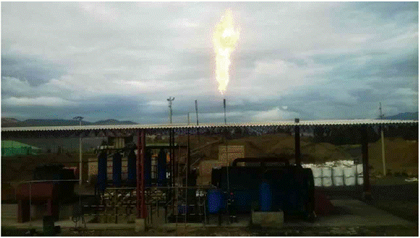 Pyrolysis plant working and showing yhe synthes gas emission