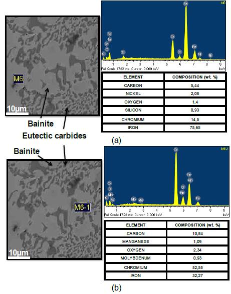 Microstructure at austempering temperatures of 450 &deg;C (holding time of 6 hours). (a) Bainite Matrix (Zone M6); (b) Eutectic Carbides (Zone M6-1).