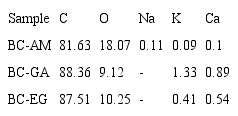Percentage of localized carbon, oxygen and some minerals content by SEM-EDX analysis of the biochar (wt %).