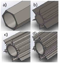CAD design of the tube with Cesaro curve as extended surface for heat transfer: a) Initial generation, b) Generation 1, c) Generation 2, and d) Generation 3.