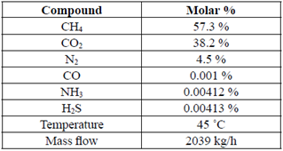 composition, temperature and mass flow of biogas generated according to the model used