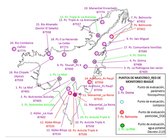 Delimitation of the study zone (Ibagu&eacute; fan) and location of each sample analyzed for isotopes.