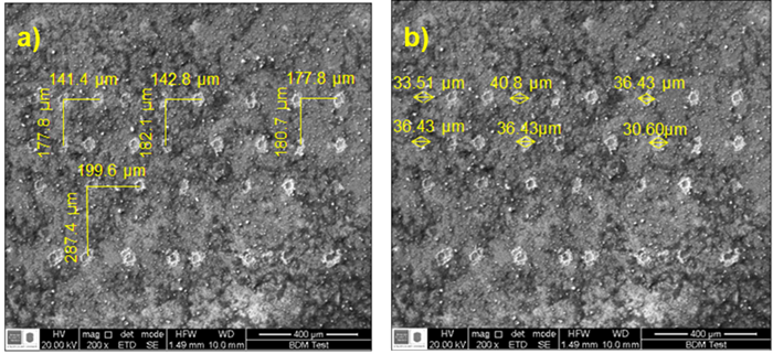 Micrograf&iacute;a SEM del recubrimiento de hidroxiapatita patronado por ablaci&oacute;n l&aacute;ser, medici&oacute;n de las distancias: a) plano XY, y, b) di&aacute;metros de los cr&aacute;teres