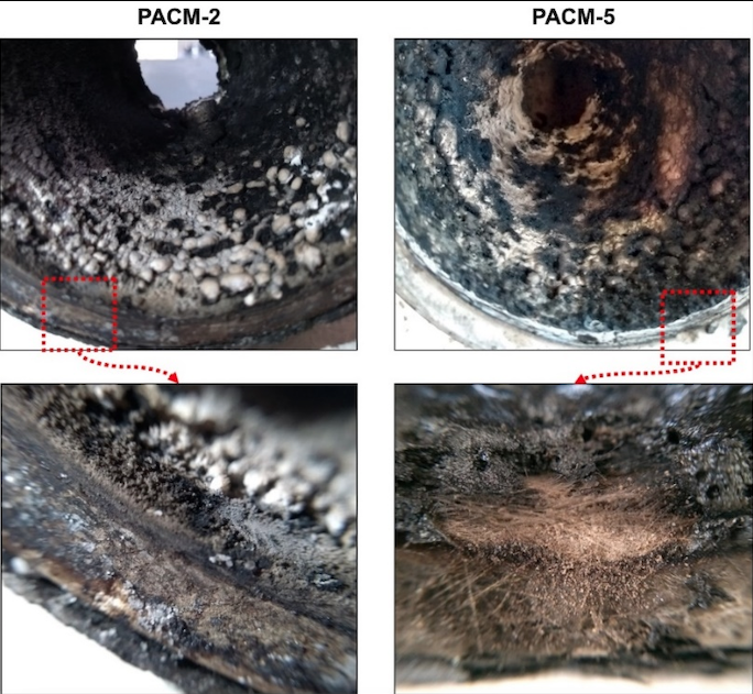 Inspecci&oacute;n visual de las toberas (PACM-2 y PACM-5) posterior a la prueba est&aacute;tica de combusti&oacute;n real.