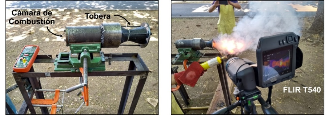 Prueba est&aacute;tica de combusti&oacute;n real y medici&oacute;n del perfil t&eacute;rmico de las toberas desarrolladas.