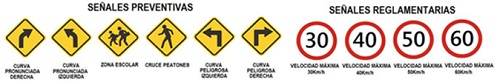 Señales de tránsito preventivas y reglamentarias colombianas reconocidas por el sistema.