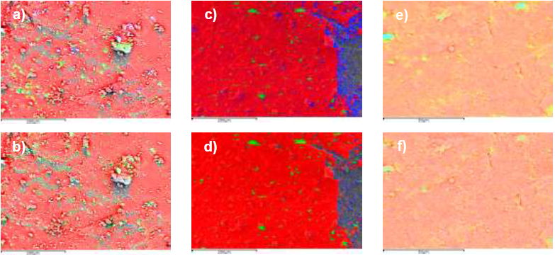 Element distribution maps of each coal sample. a) and b) anthracite, c) and d), semi-anthracite, e) and f), bituminous coal.