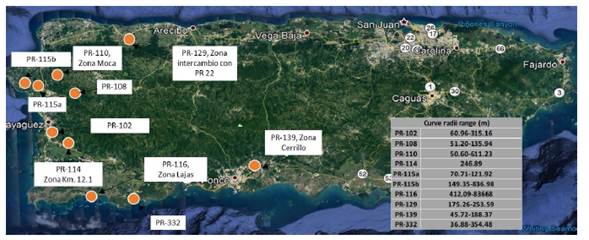Location of data collection points. Source: Background image from Google Earth [22].