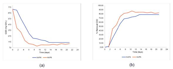 Variation of COD in the wetland effluent. (a) COD, (b) percentage of COD removal.