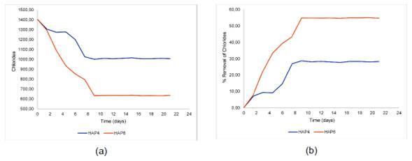 Variation of chloride concentration in the wetland effluent. (a) Chlorides, (b) Percentage of chloride removal.