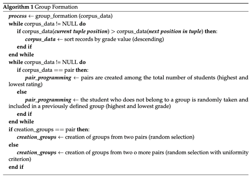 Pseudocode of the algorithm implemented to form workgroups automatically.