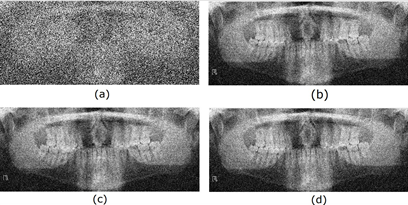 Noise Reduction in Image 1.png (a) Noisy Image (b) 2D-LMS (c), 2D-NLMS, (d) 2D- ARγ.
