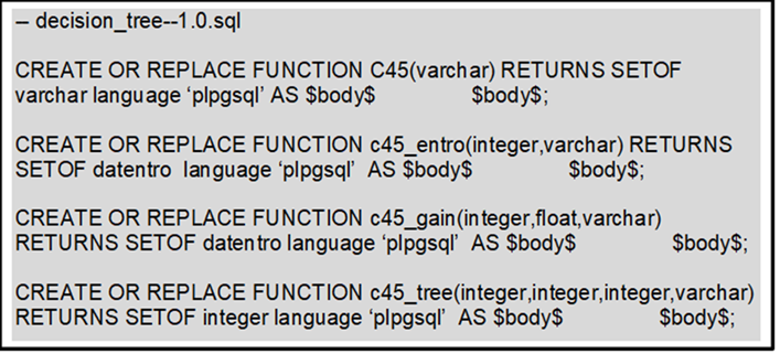 Prototype functions in file decisión_tree-1.0.sql.