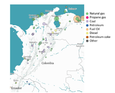 Distribution of thermoelectric plants in Colombia and their respective primary fuel [12].