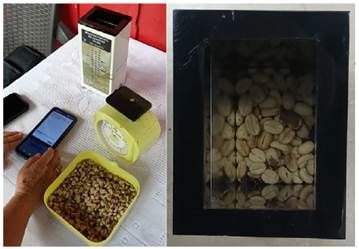 Sample measurement setup: Users must select a 200-gram sample and place it inside the DH-200. The device transmits the data captured to a cell phone via Bluetooth.