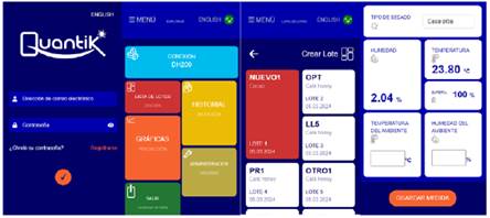 Mobile app interface of the IoT for analyzing the coffee drying process. From left to right, the main interface, main menu, measurement interface, and measurement recording.