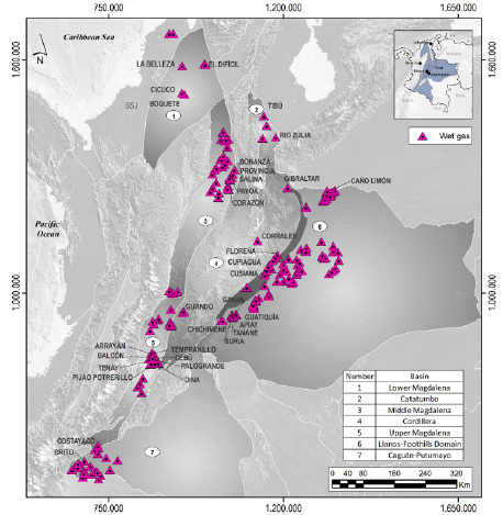 Locations of wet gas producing fields in the evaluated basins.