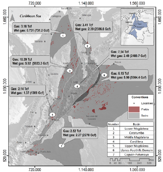 Map distribution of total and wet gas prospective resources in the evaluated basins.