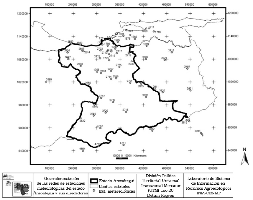 Ubicaci&oacute;n geogr&aacute;fica de las estaciones clim&aacute;ticas ubicadas en el estado Anzo&aacute;tegui,Venezuela.