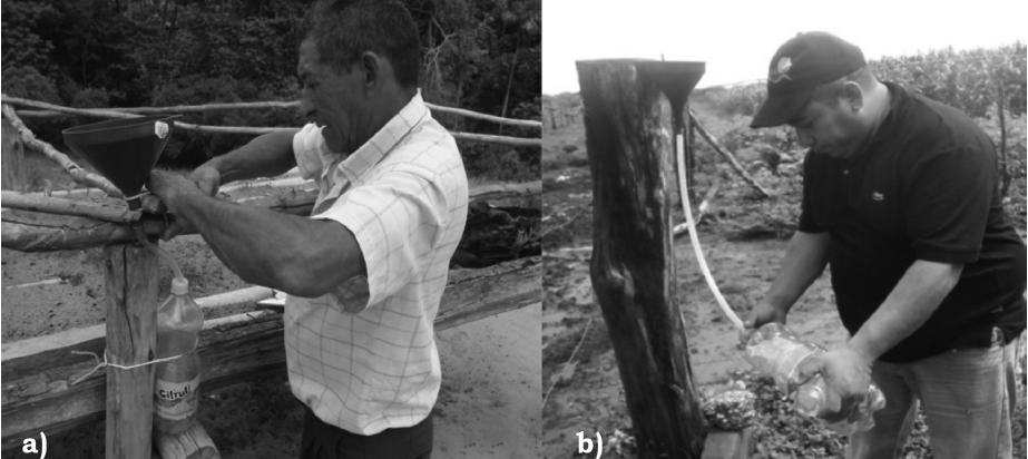 a) ensamblaje del pluvi&oacute;metro alternativo; b) proceso de lectura de la l&aacute;mina de agua recolectada por el pluvi&oacute;metro alternativo.