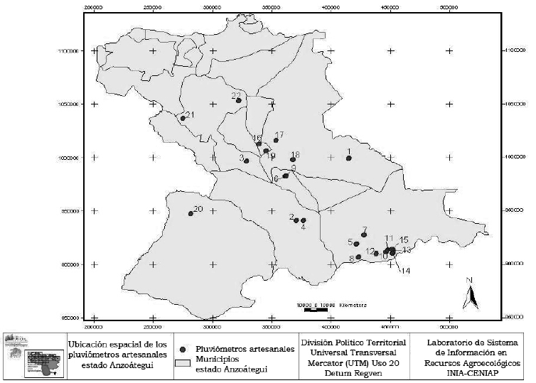 Ubicaci&oacute;n espacial de los pluvi&oacute;metros alternativos en el estado Anzo&aacute;tegui.
