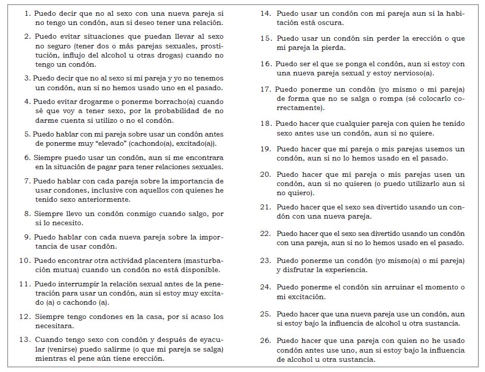 Escala de AE del uso del cond&oacute;n en estudiantes universitarios mexicanos.