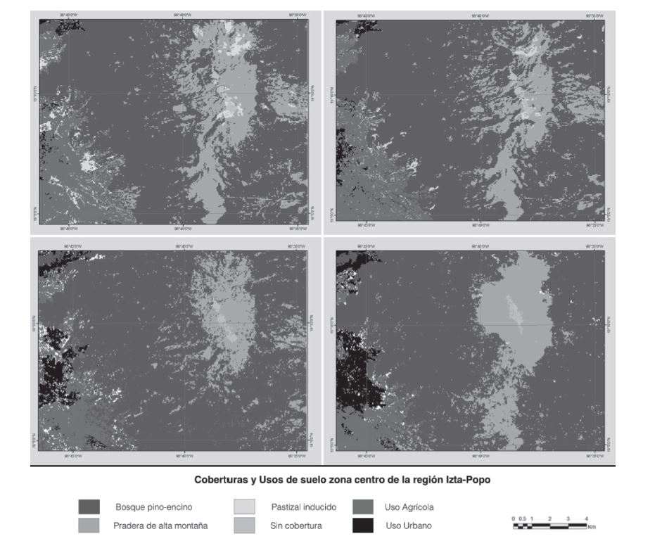 Mapas de coberturas/usos de suelo de la zona centro de la regi&oacute;n Izta-Popo fechados en 1980, 1990, 2000 y 2013.