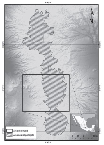 Mapa de localizaci&oacute;n. El &aacute;rea de estudio se muestra dentro del recuadro sobre la zona centro de la regi&oacute;n Izta-Popo.