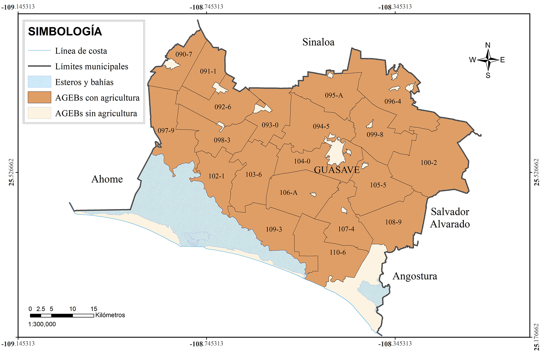 Distribución espacial de las áreas geoestadísticas básicas con actividad agrícola en el municipio de Guasave, Sin.