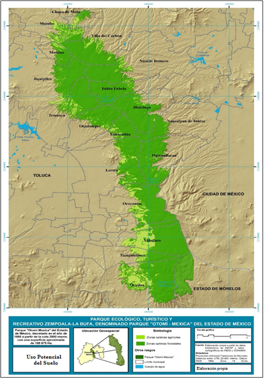 Uso potencial del suelo dentro del &aacute;rea administrativa del Parque Otom&iacute;-Mexica del Estado de M&eacute;xico.
