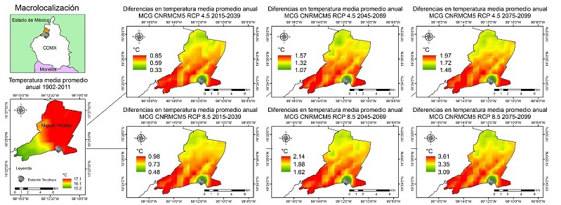 Temperatura media anual promedio para Tacubaya en los RCP 4.5 y 8.5.