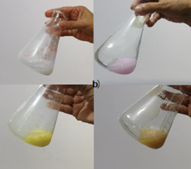 Viraje de fenolftaleína y viraje de EHC en la titulación de yogurt natural sin edulcorantes.