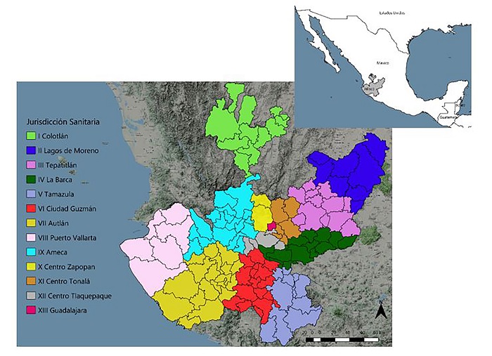 Delimitaci&oacute;n municipal y regiones sanitarias del estado de Jalisco, M&eacute;xico.