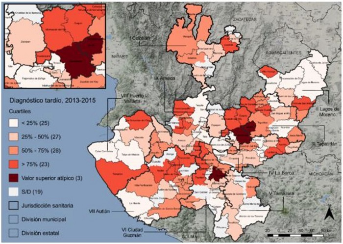 Tasa de estadio tard&iacute;o de c&aacute;ncer de mama en mujeres seg&uacute;n municipio de residencia, Jalisco, M&eacute;xico, 2013-2015.