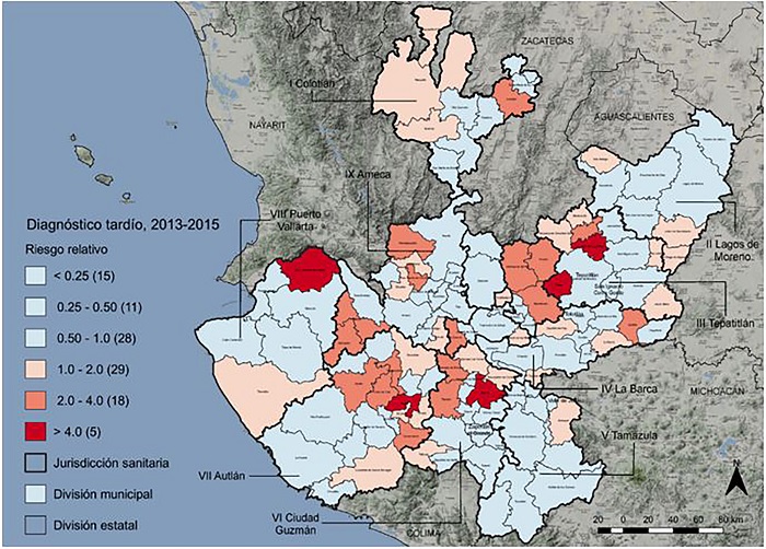 Riesgo relativo de estadio tard&iacute;o de c&aacute;ncer de mama en mujeres seg&uacute;n municipio de residencia, Jalisco, M&eacute;xico, 2013-2015.