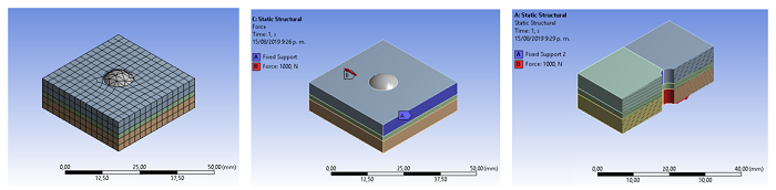 Mallado inicial generado por ANSYS. Condiciones de frontera aplicando la carga externa para el análisis y la carga en el interior de los agujeros.