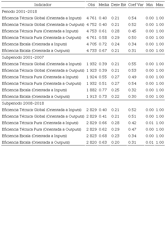 Estad&iacute;stica descriptiva de los indicadores de eficiencia. 