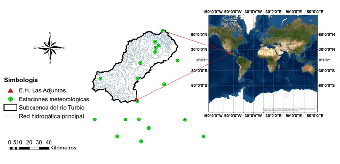 Ubicación de la subcuenca del río Turbio y las estaciones hidrometeorológicas usadas en el modelado hidrológico y sedimentológico. 