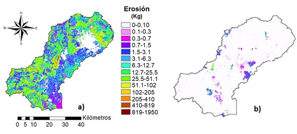 a) valores de erosión obtenidos con la ecuación de la USLE; b) valores de erosión obtenidos con el submodelo sedimentológico calibrado (periodo de calibración 2012-2014). 
