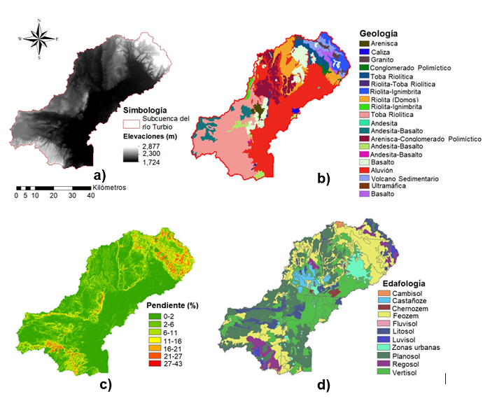 a) Modelo digital de elevaciones; b) geología; c) pendiente; d) edafología presente en la subcuenca del río Turbio.
