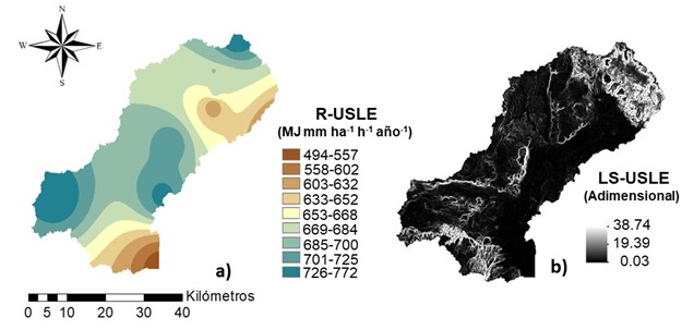 a) factor de erosividad de la lluvia; b) producto de los factores de longitud de la pendiente y el grado de pendiente. 