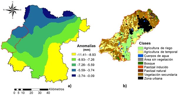 a) ejemplo de anomalías del mes de julio para el escenario RCP8.5; b) escenario de uso de suelo y cubierta vegetal para el año 2035, introducidas al modelo TETIS. 