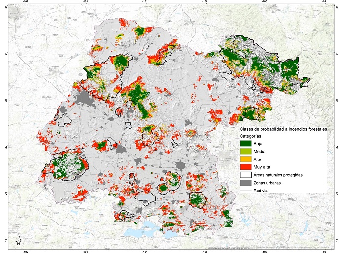 Mapa de categor&iacute;as de probabilidad a la ocurrencia de incendios forestales para el estado de Guanajuato, con cuatro categor&iacute;as: baja, media, alta y muy alta. 