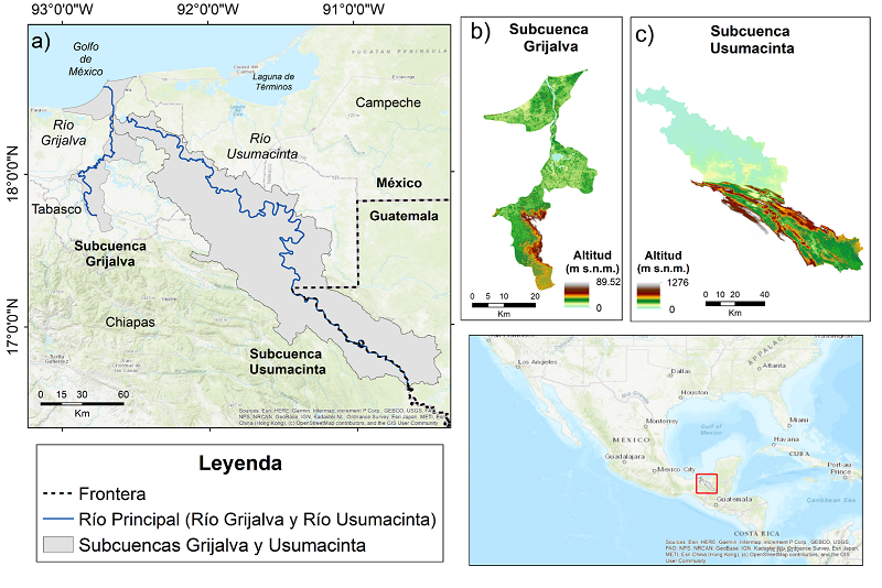 &Aacute;rea de estudio: a) Ubicaci&oacute;n; b) altitud subcuenca Grijalva; c) Altitud subcuenca Usumacinta.