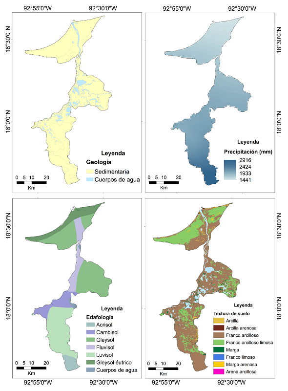 Caracter&iacute;sticas del &aacute;rea de estudio subcuenca Grijalva: a) Geolog&iacute;a; b) Precipitaci&oacute;n; c) Edafolog&iacute;a; d) Textura del suelo.