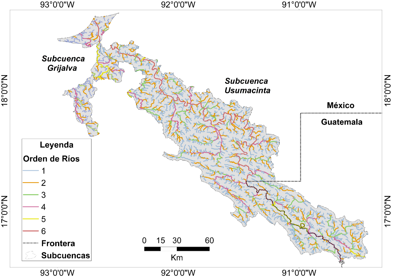 Mapa de orden de r&iacute;os de la subcuenca Usumacinta-Grijalva.