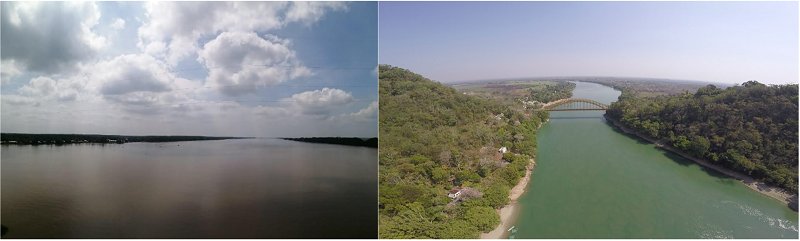 Panor&aacute;mica del r&iacute;o Grijalva (izquierda) a su paso por el municipio de Centla, Tabasco (Puente Frontera) y del r&iacute;o Usumacinta (derecha) a su paso por el municipio de Tenosique, Tabasco (Puente Boca del Cerro, Tenosique).