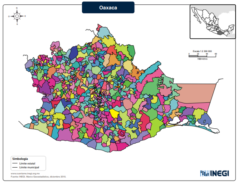 Localizaci&oacute;n y divisi&oacute;n municipal del estado de Oaxaca.