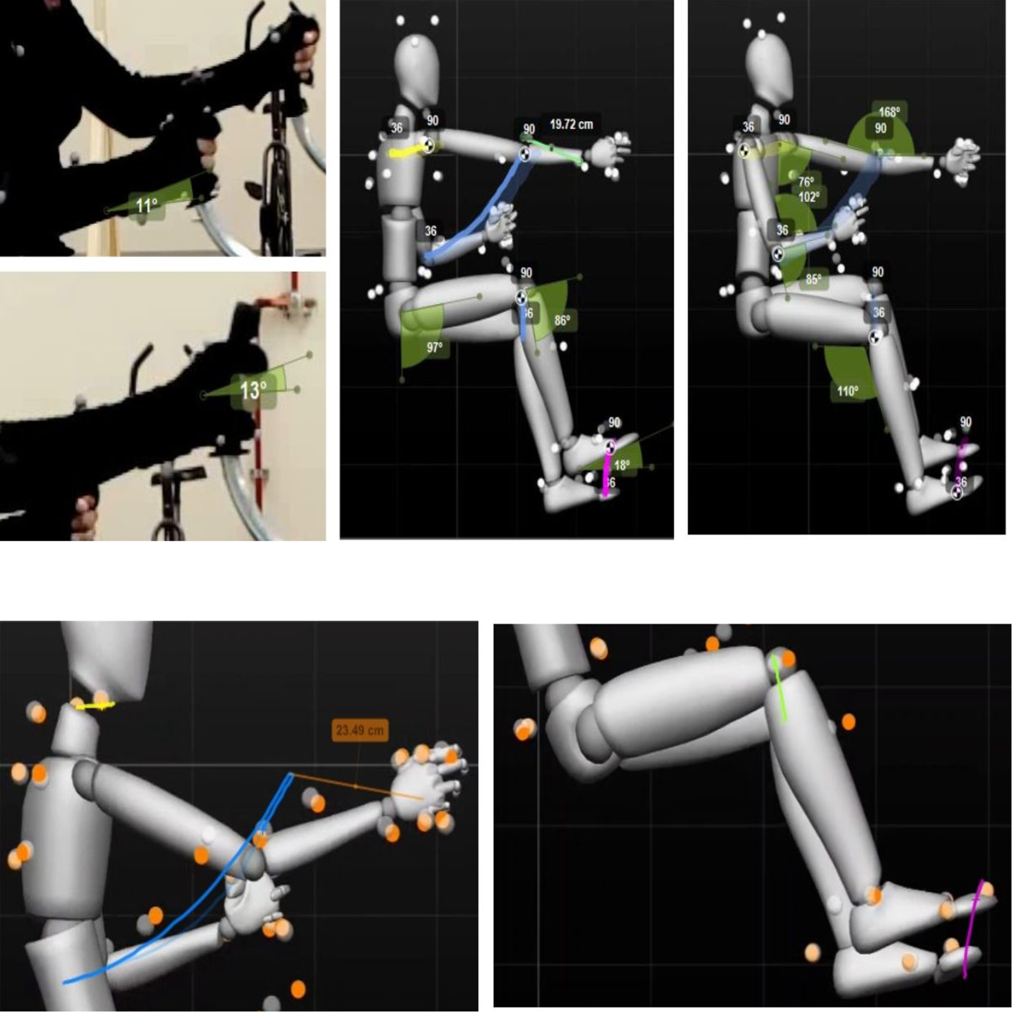 Medici&oacute;n de &aacute;ngulos (superior) y de trayectorias de movimiento (inferior) por software Kinovea.