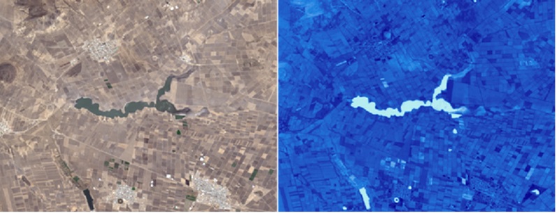 Imagen natural (a) e imagen con �ndice de agua de diferencia normalizada (NDWI) (b) de la laguna San Antonio Atocha, municipio de Apan, Hidalgo, M�xico.